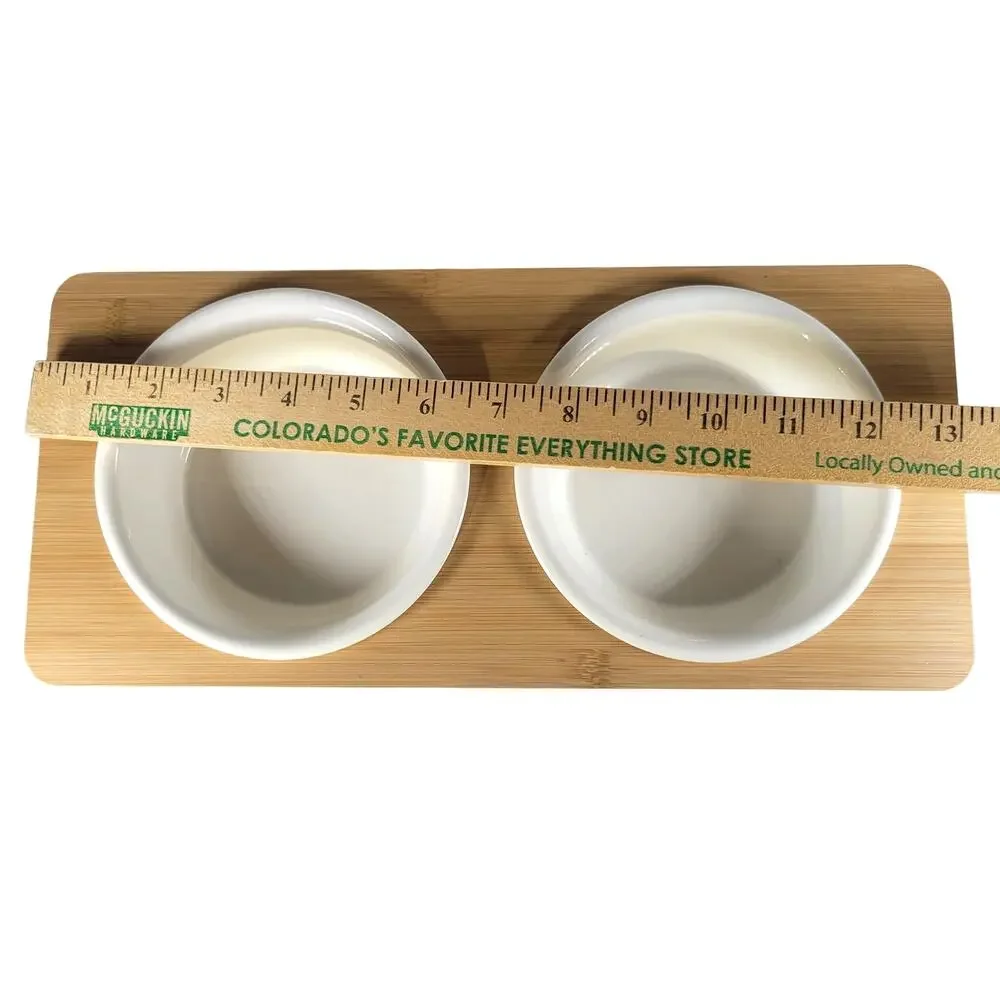 Elevated Bamboo Dog Bowl Stand with White Bowls
